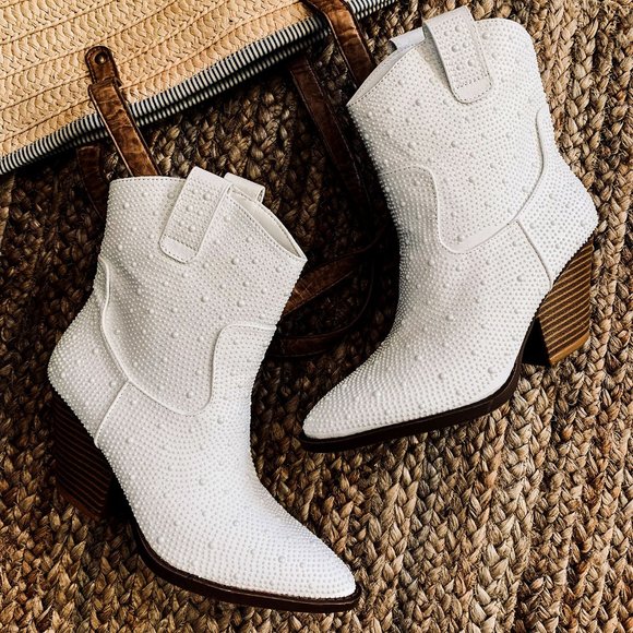 NEW🔥Ivory Faux Pearl Embellished Cowboy Cowgirl Western Heel Ankle Booties Boot - Picture 7 of 12